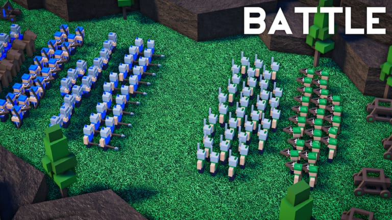 MEDIEVAL REAL TIME STRATEGY battle: blue and green Roblox armies facing off on grass with siege wagons